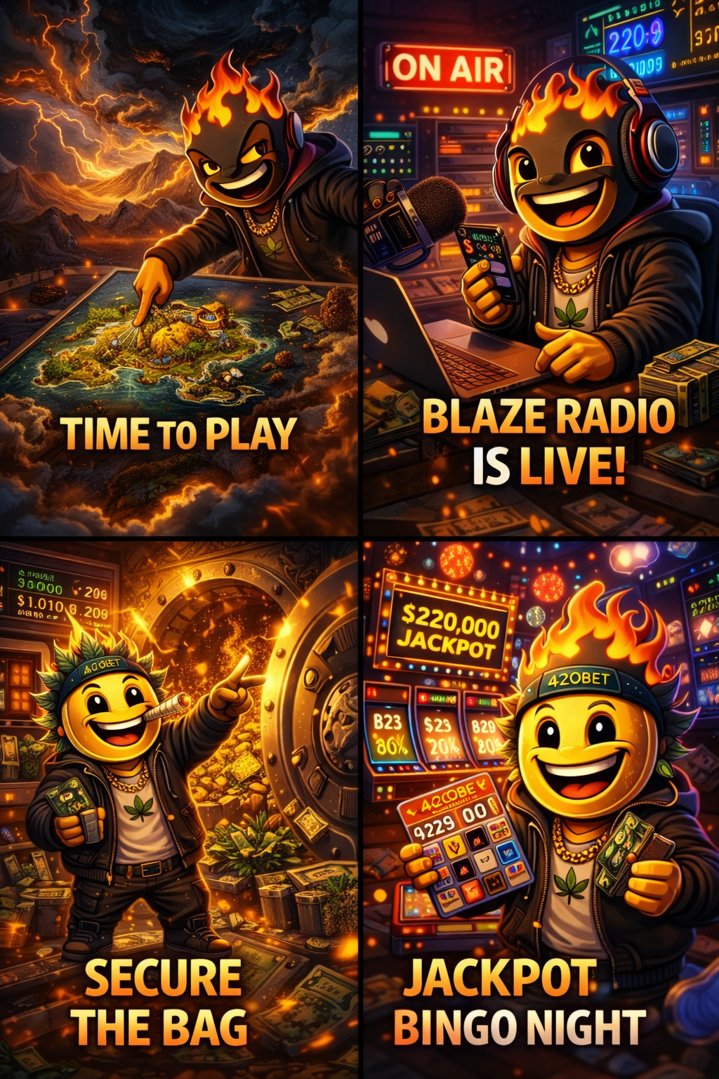 Blaze Cinematic System poster showing island entry, radio broadcast, vault rewards, and jackpot bingo scenes.