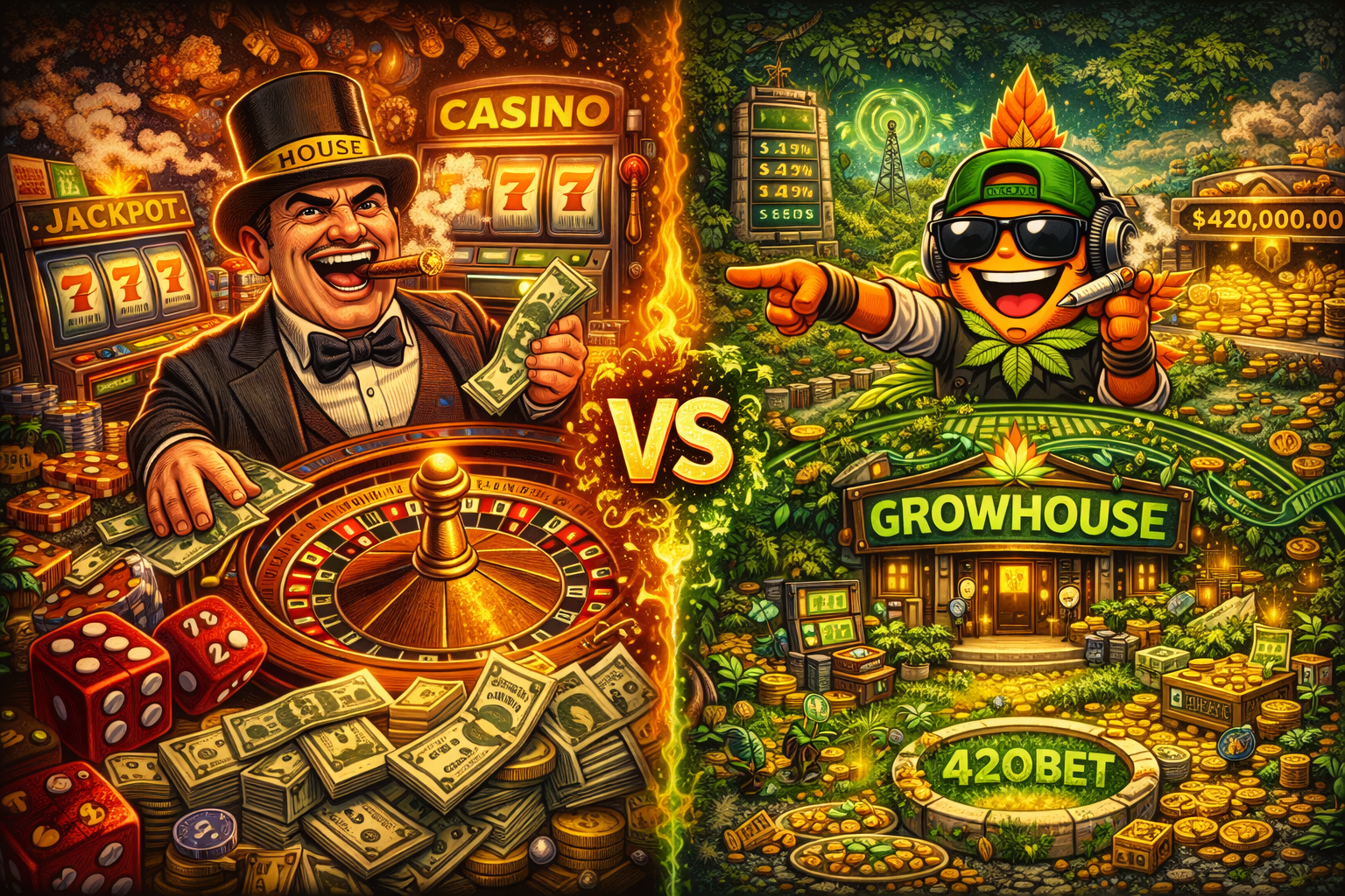 GrowHouse event and gameplay comparison art used as the event-night cinematic scene.